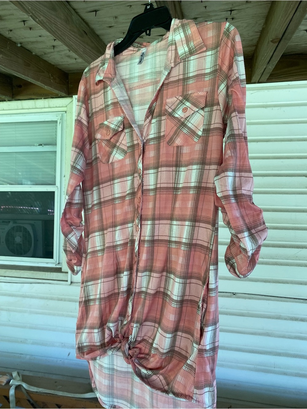 White Mark Coral and White Plaid Shirt Dress